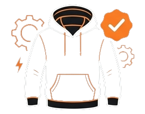 Ikona bluzy z kapturem (hoodie) z pomarańczową weryfikacją Verified mark i Verified mark, symbolizująca bluzy z haftem.