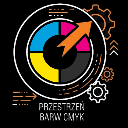 Ikona palety barw CMYK z pomarańczową strzałką, symbolizująca przestrzeń kolorystyczną niezbędną do druku znakowania.