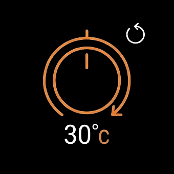 Ikona pokrętła pralki ustawionego na temperaturę 30 stopni Celsjusza.