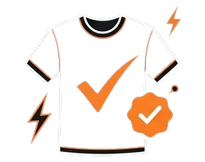 Ikona t-shirtu na przezroczystym tle z pomarańczową weryfikacją Verified mark, symbolizująca odzież z nadrukiem DTF.